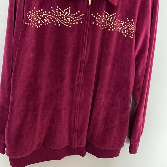 Alfred Dunner Berry Velour Jacket Zip Front Gold Detail Pockets Size Large - Picture 5 of 9